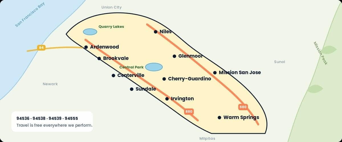 Map of Fremont, CA neighborhoods served by California Kids Fun puppet and magic shows, including Ardenwood, Centerville, Irvington, Mission San Jose, Niles and Warm Springs